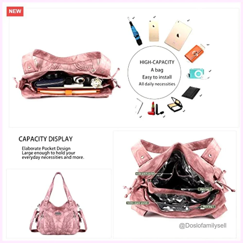 Washed PU Leather Tote Bag with Adjustable Strap, Multiple Pockets